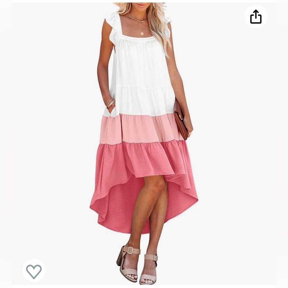 Tiered High-Low Ruffle Dress - White & Pink - Picture 3 of 11